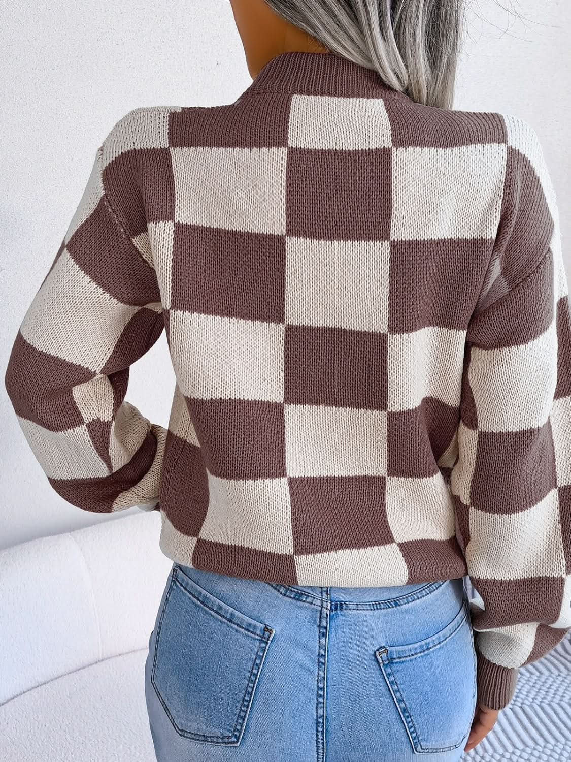 Checkered Mock Neck Long Sleeve Sweater - Love Salve